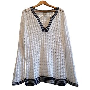 Chicos White Knit Crochet V Neck Long Sleeve Tunic Top Size 3